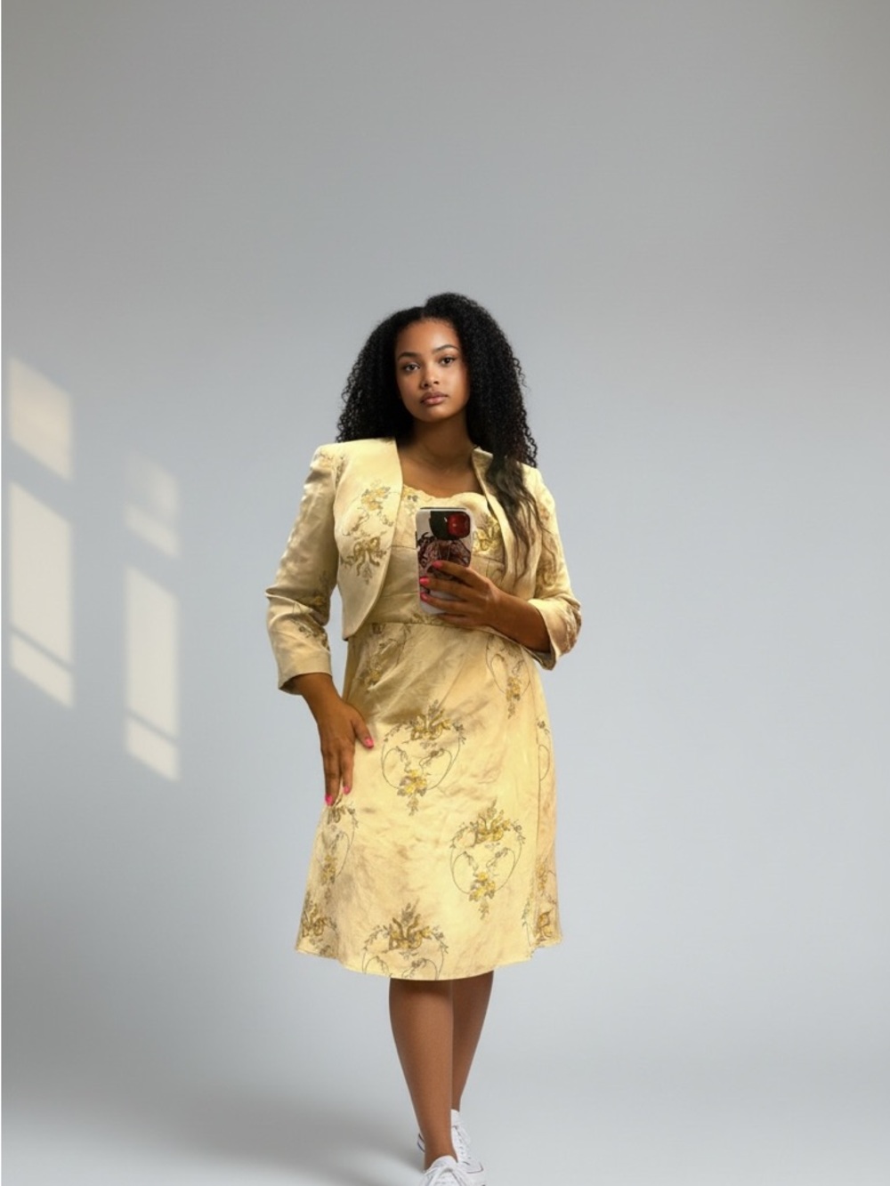 Silky short blazer and dress to match very vintage piece with small gold olive